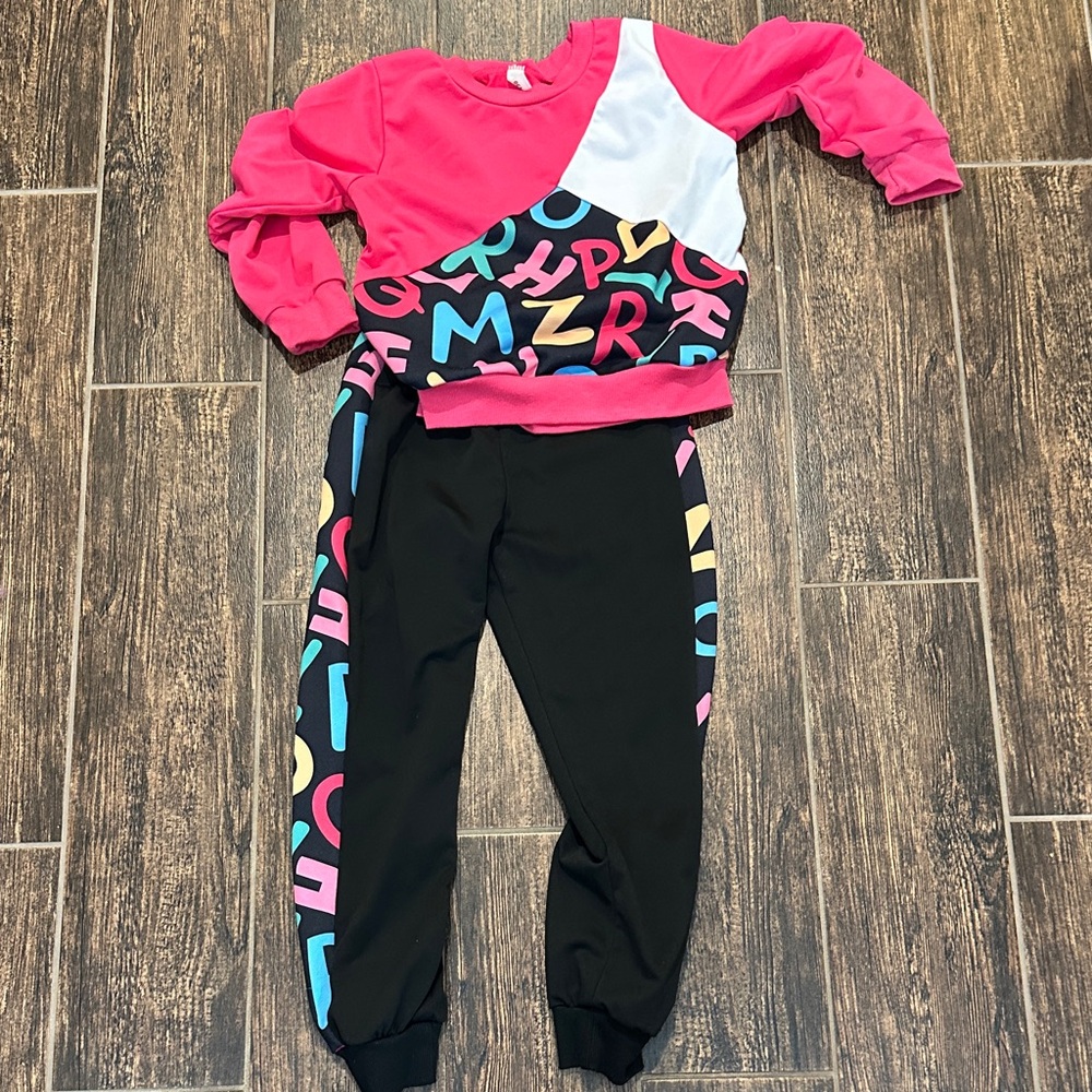 Kids Colorblock Alphabet Jogger Set – Retro Streetwear, Pink/Black (Size 8)